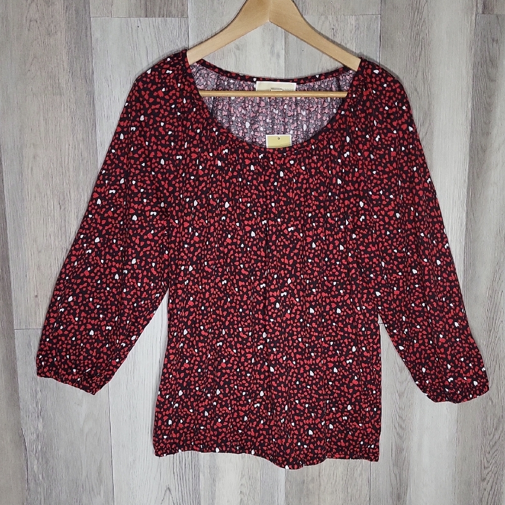 Michael Kors NWT Ditsy Heart Print Blouse Scoop Neck 3/4 Sleeve‎ Lightweight